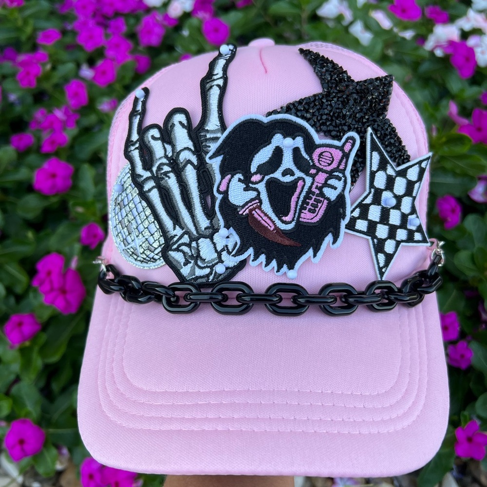 Ghost face patch trucker hat. New. Pressed at purchase. Message to personalize